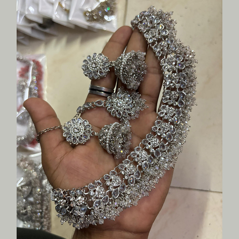 SNERA Silver Plated Crystal Stone And Pearls Choker Necklace Set