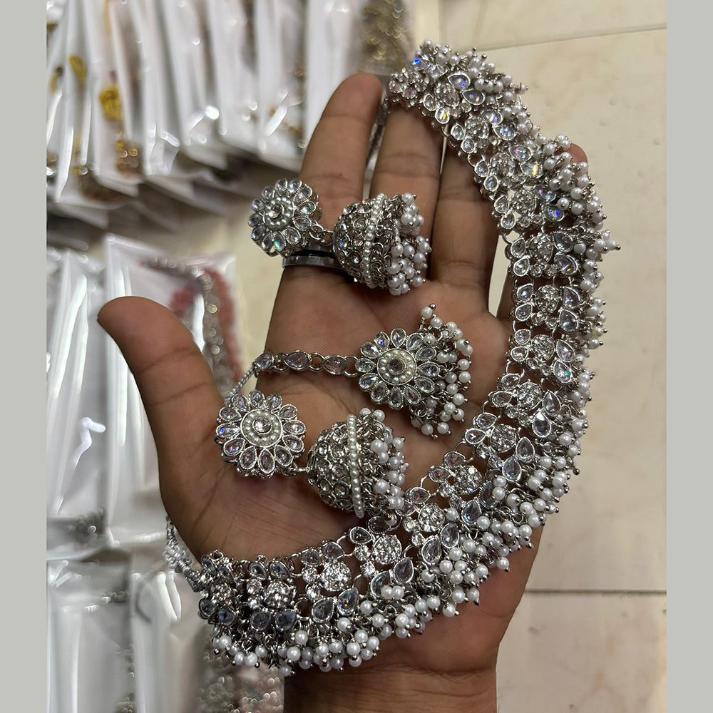 SNERA Silver Plated Crystal Stone And Pearls Choker Necklace Set