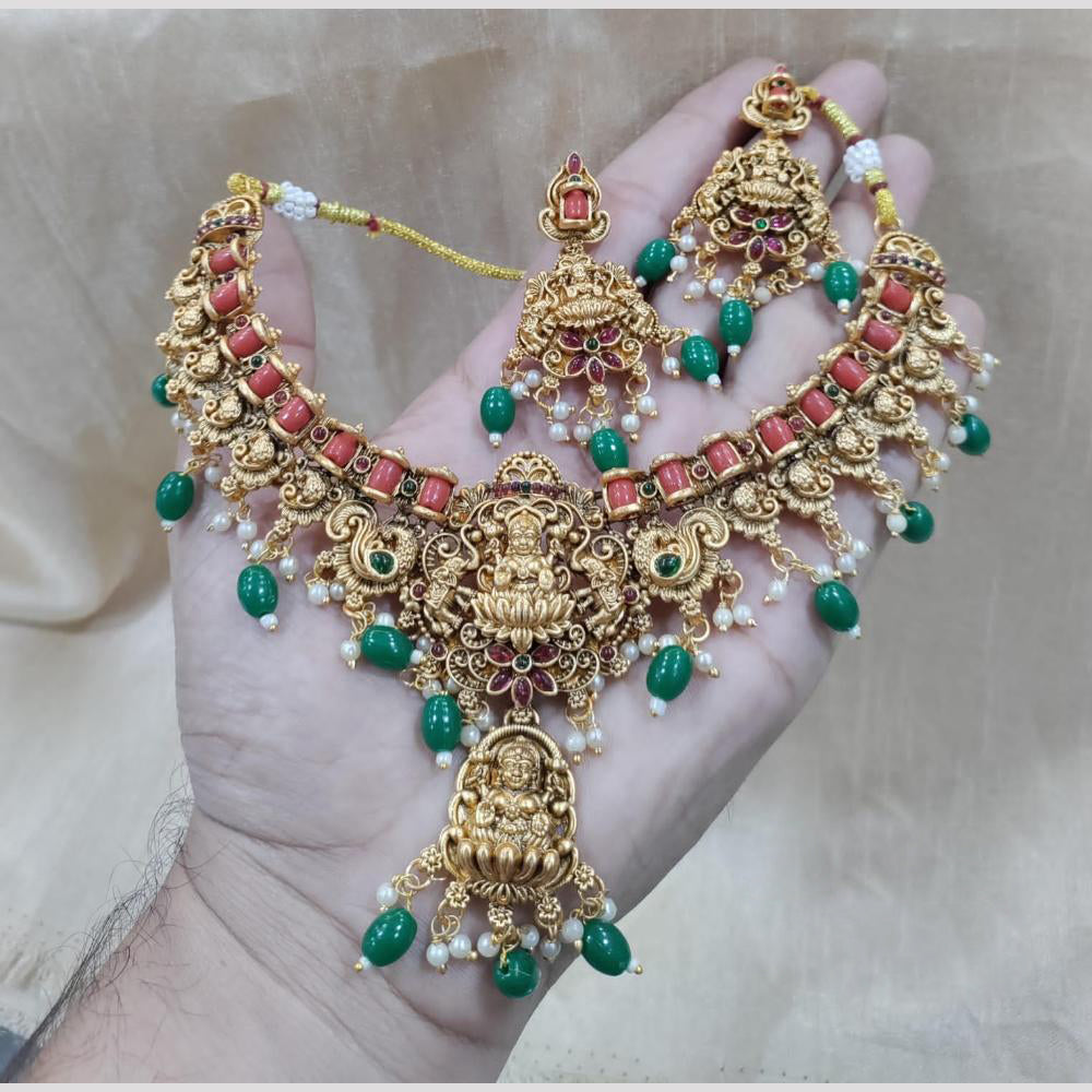 SNERA Gold Plated Pota Stone And Beads Temple Necklace Set