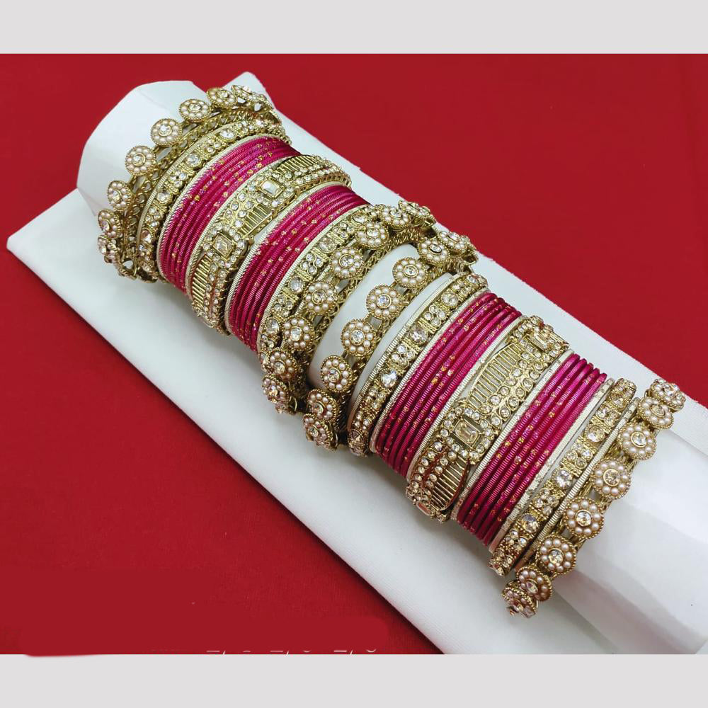 SNERA Designer Gold Finish Austrian Stone And Pearl Bangle Set