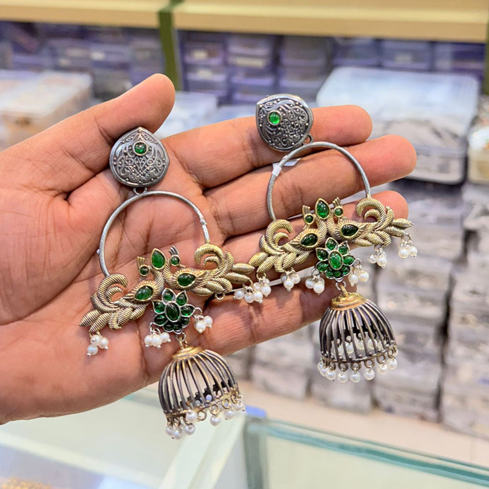 SNERA Graceful 2 Tone Plated Pota Stone And Pearls Jhumki Earrings