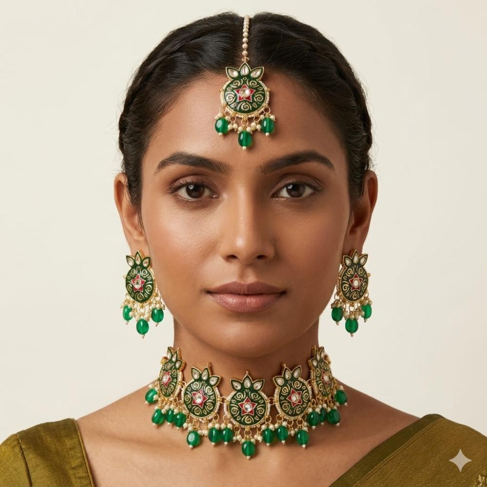 SNERA Classic Grace Crystal Stone Pearl And Beads Choker Meenakari Necklace Set