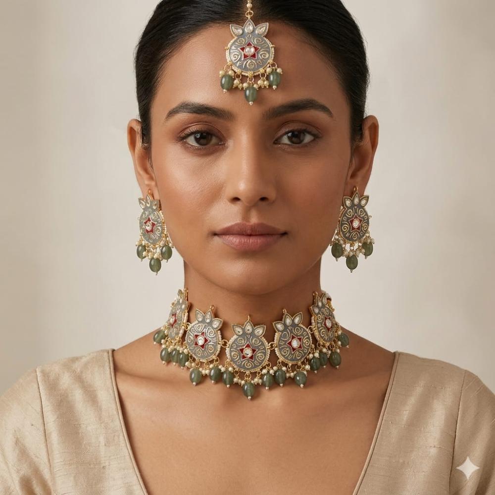 SNERA Classic Grace Crystal Stone Pearl And Beads Choker Meenakari Necklace Set