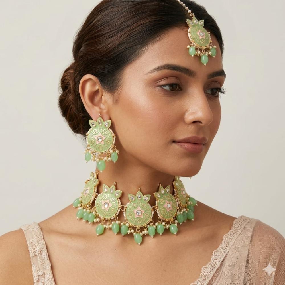SNERA Classic Grace Crystal Stone Pearl And Beads Choker Meenakari Necklace Set