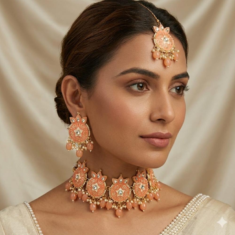 SNERA Classic Grace Crystal Stone Pearl And Beads Choker Meenakari Necklace Set