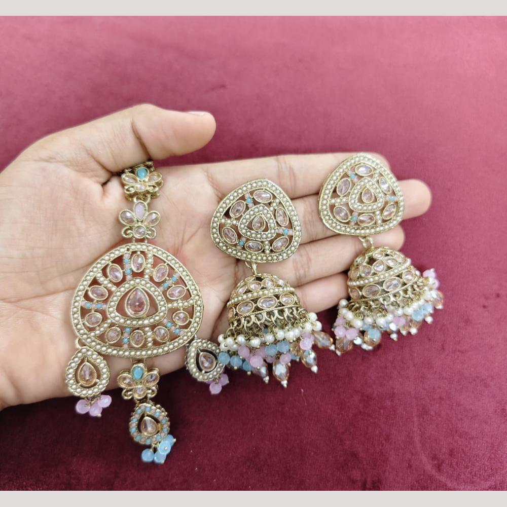 SNERA Wedding Wear Crystal Stone And Pearl Jhumki Earrings With Maangtikka