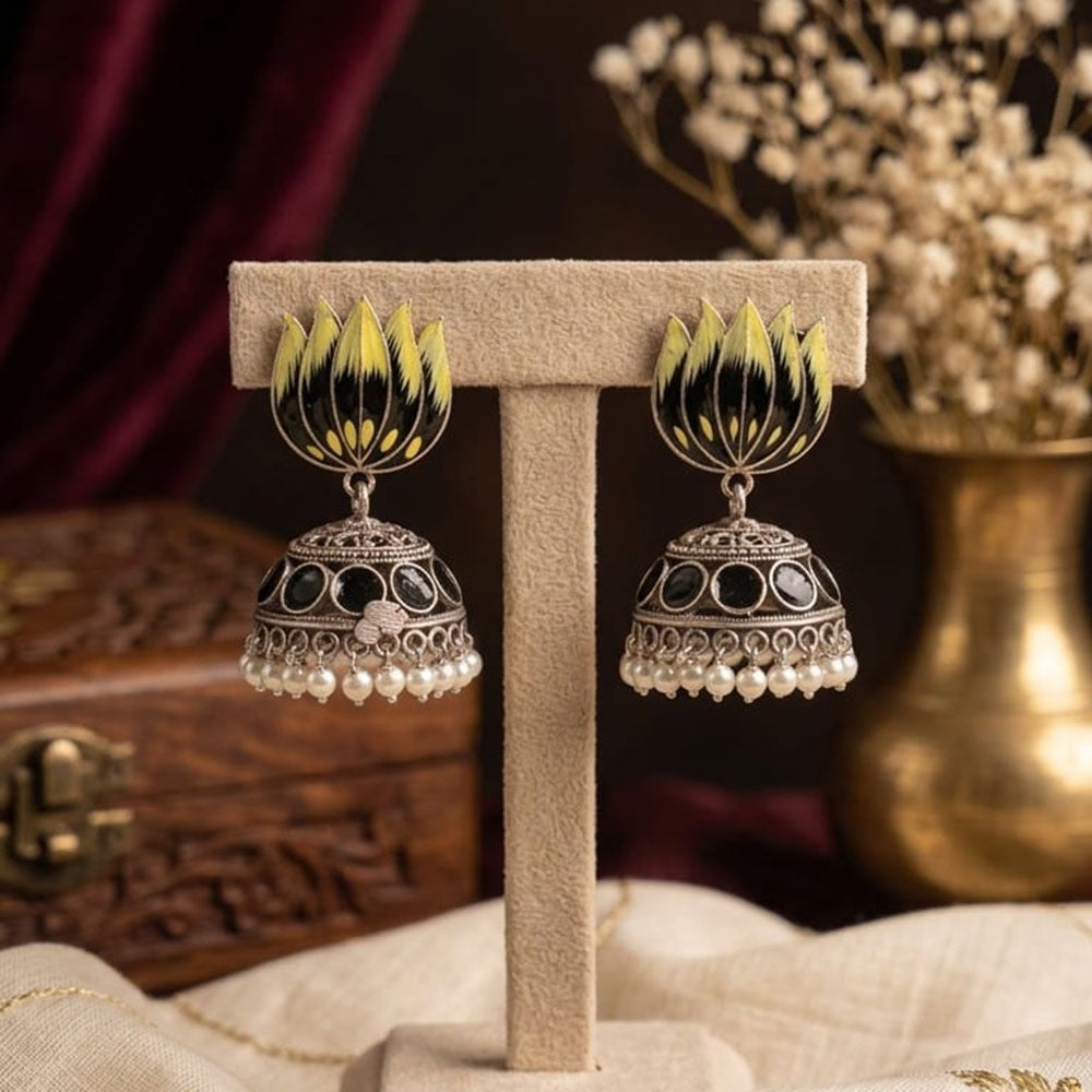 SNERA Vintage Oxidised Plated Meenakari Pearl Lotus Jhumki Earrings for Women