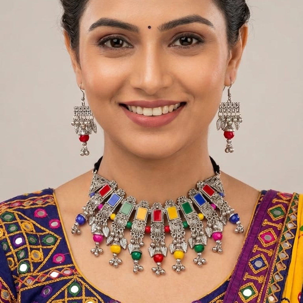 SNERA Stylish Oxidised Plated Pota Stone And Beads Choker Necklace Set