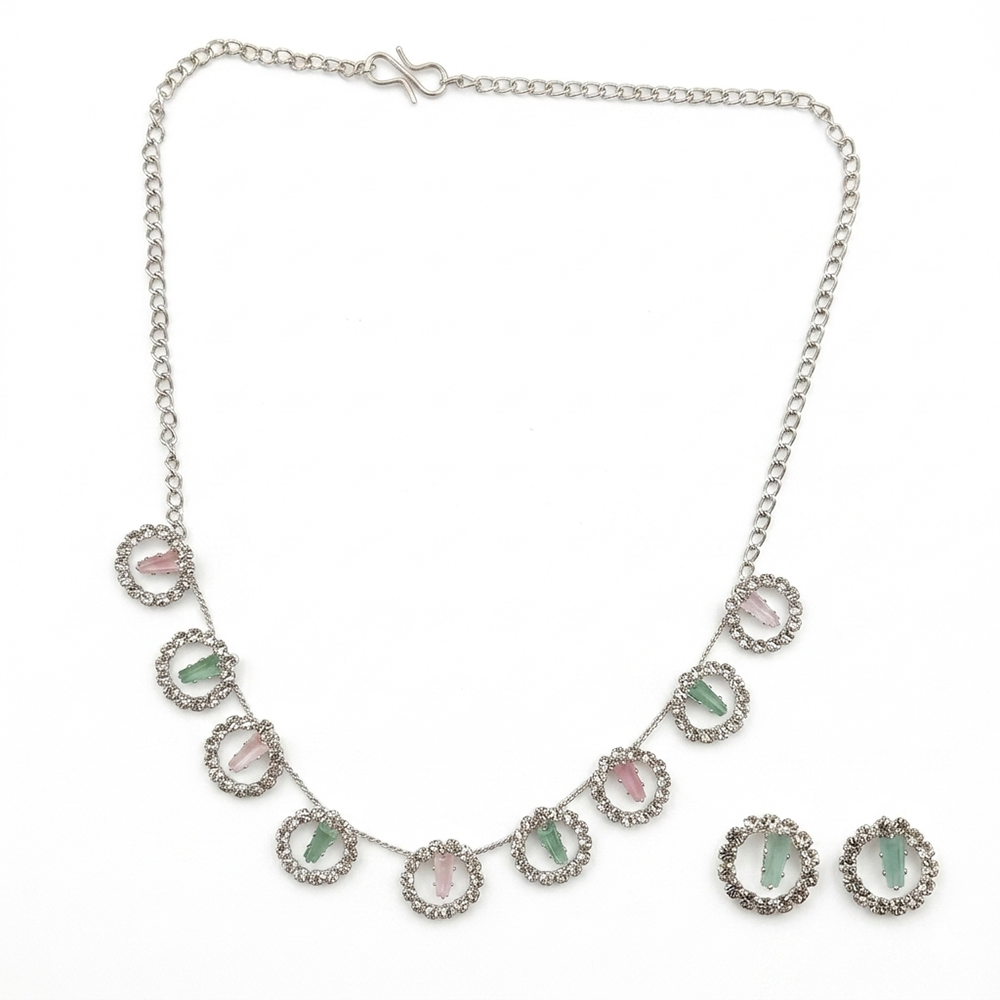 Urthn Silver Plated Sparkling Crystal Stone Necklace Set(Pack of 6)