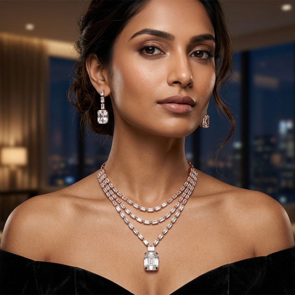 Urthn Elegant Rose Gold Plated Crystal Stone Necklace Set