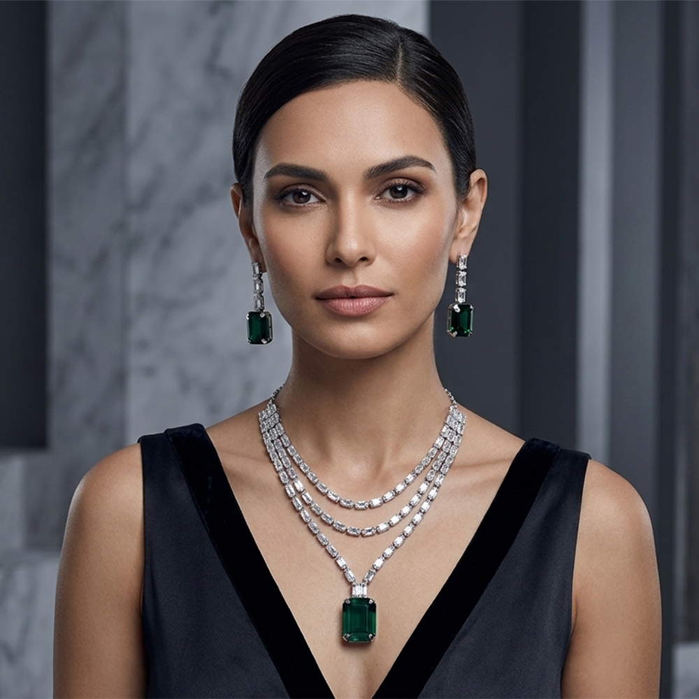 Urthn Silver Plated Sparkling Crystal Stone Necklace Set