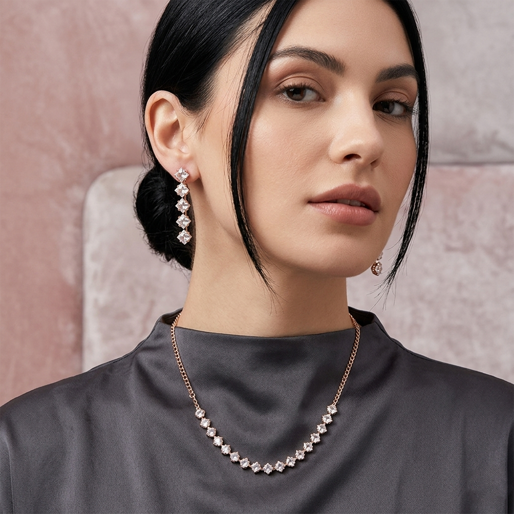 Urthn Pack Of 3 Austrian Stone Rose Gold Plated Necklace Set