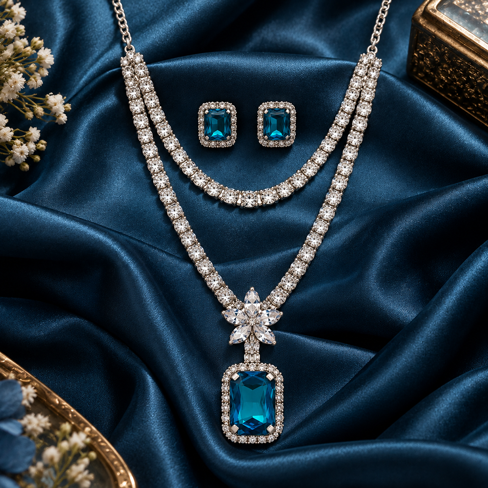 Urthn Glamorous Silver Plated Crystal Stone Necklace Set for Party & Festive Wear(Pack Of 3)
