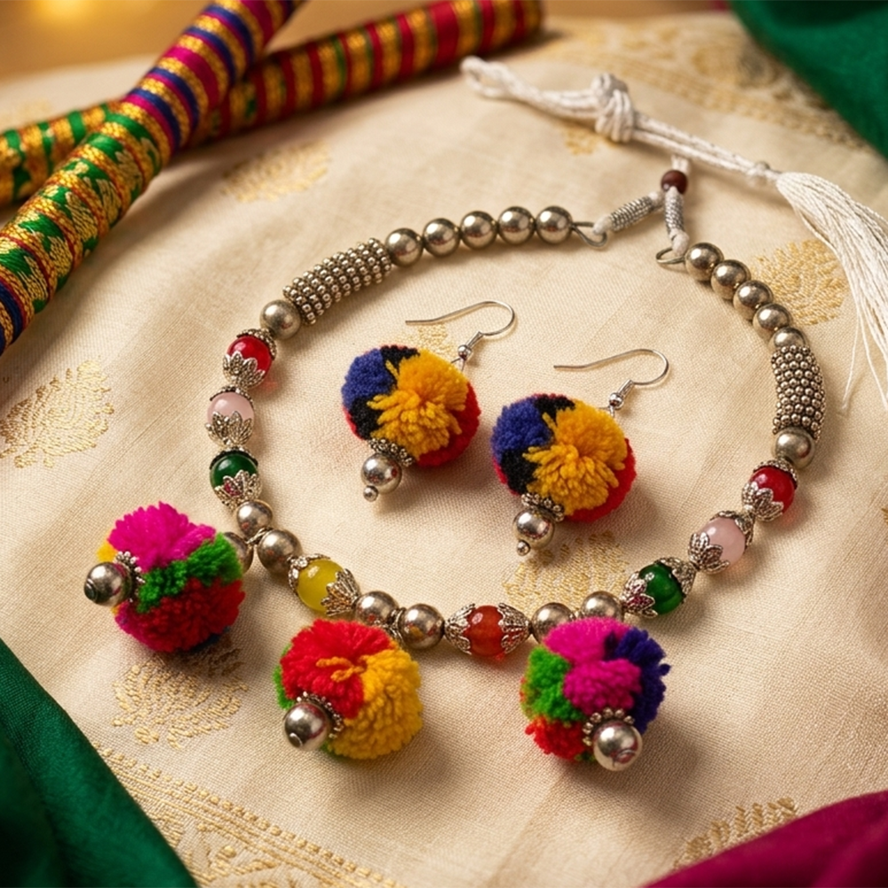 Urthn Traditional Oxidised Silver Tone Pom Pom Necklace Set for women