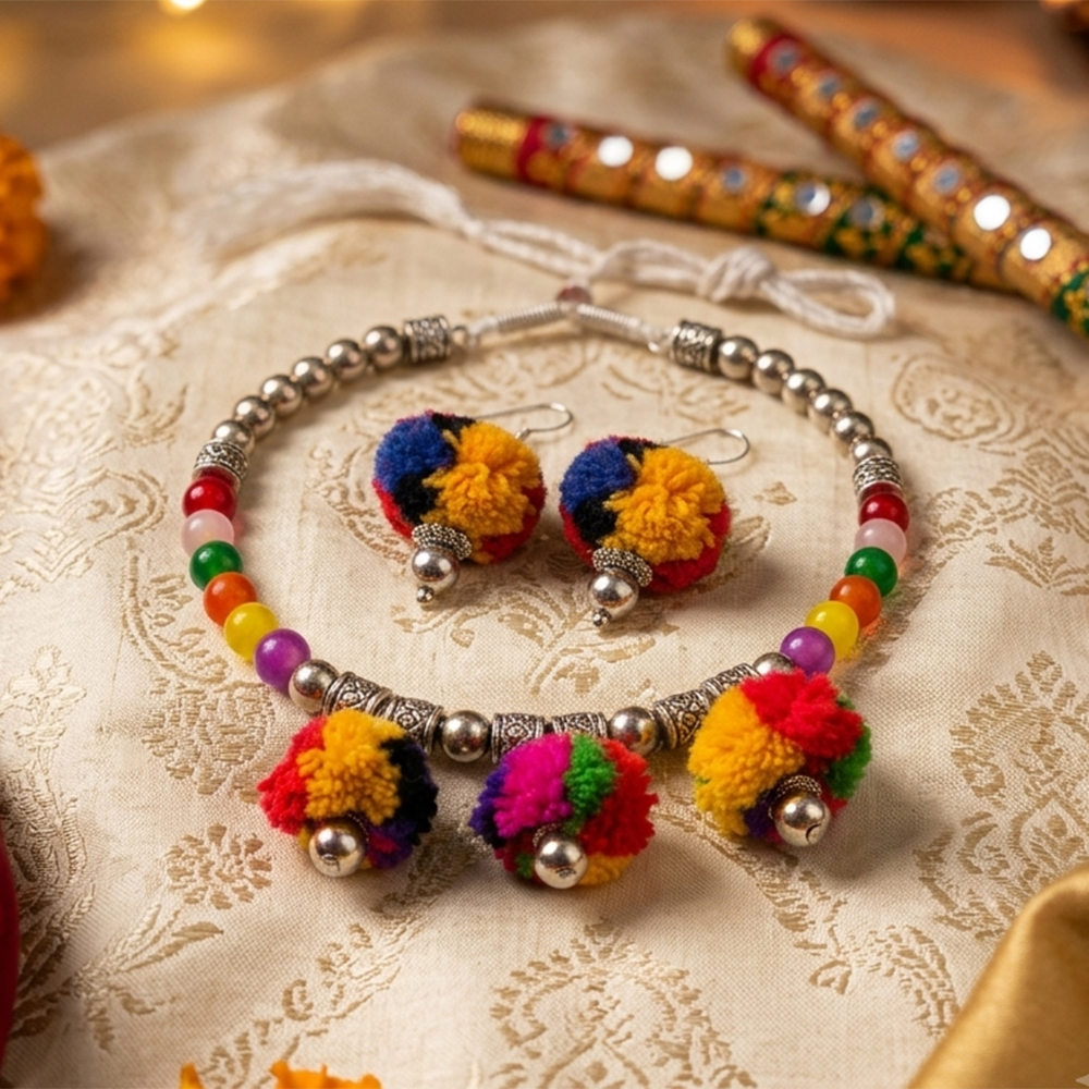 Urthn Traditional Oxidised Silver Tone Pom Pom Necklace Set for women