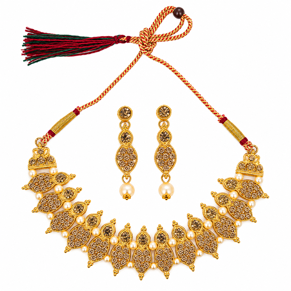 Urthn Gold Plated Pearl & Crystal Necklace Set for Women Traditional Jewellery (pack Of 3)