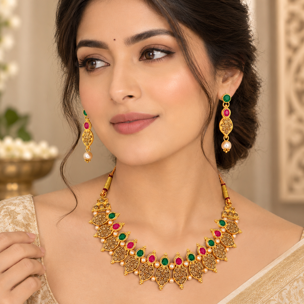 Urthn Gold Plated Pearl & Crystal Necklace Set for Women Traditional Jewellery (pack Of 3)