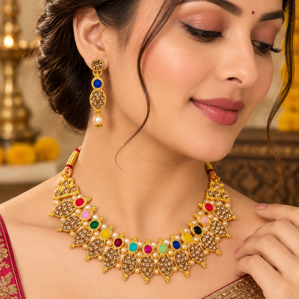 Urthn Gold Plated Pearl & Crystal Necklace Set for Women Traditional Jewellery (pack Of 3)