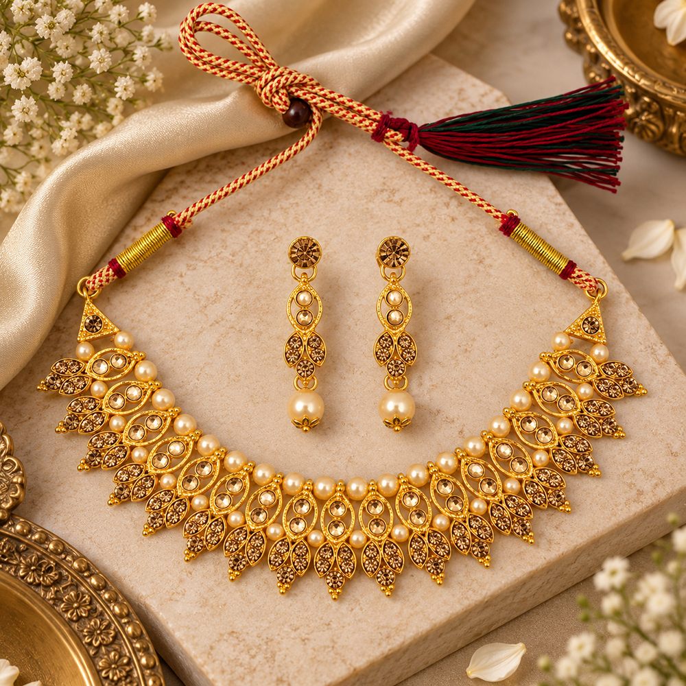 Urthn Gold Plated Pearl & Crystal Necklace Set for Women Traditional Jewellery