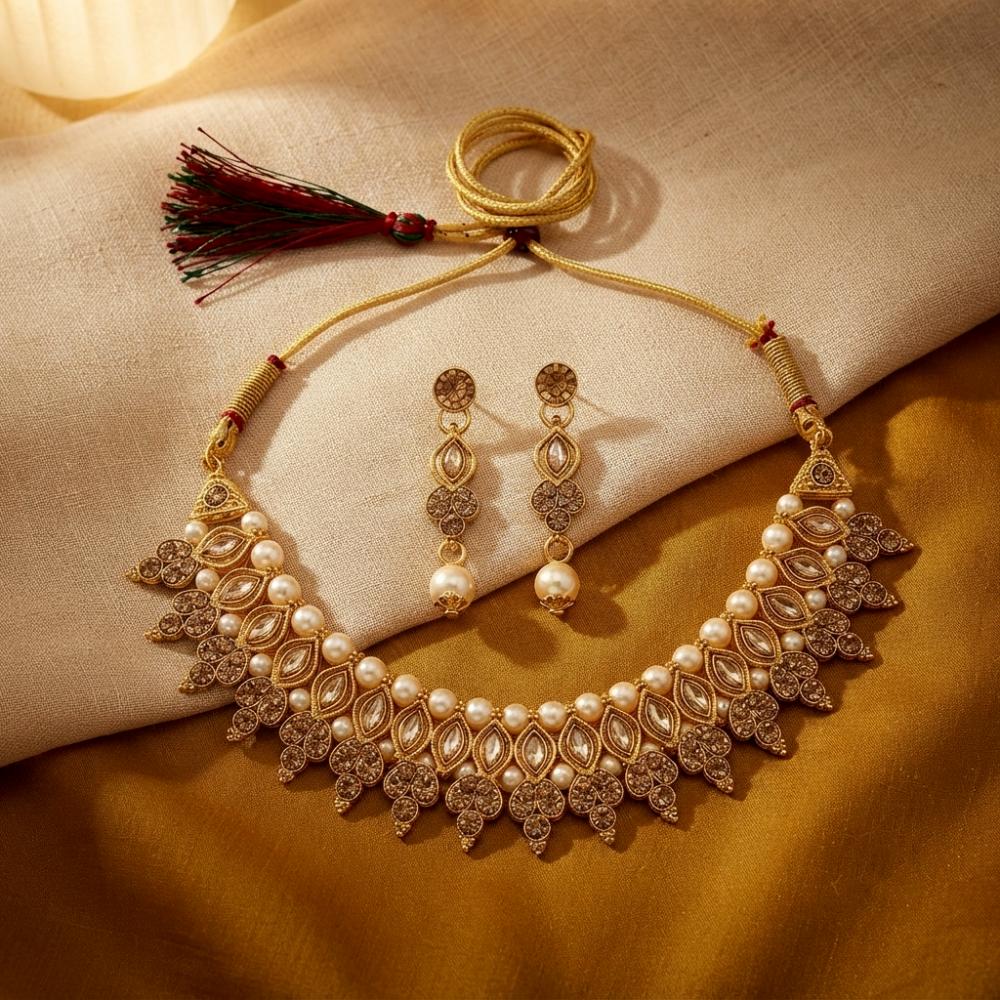 Darshana Jewels Traditional Pota Stone Austrian Stone & Pearl Necklace Set for Women