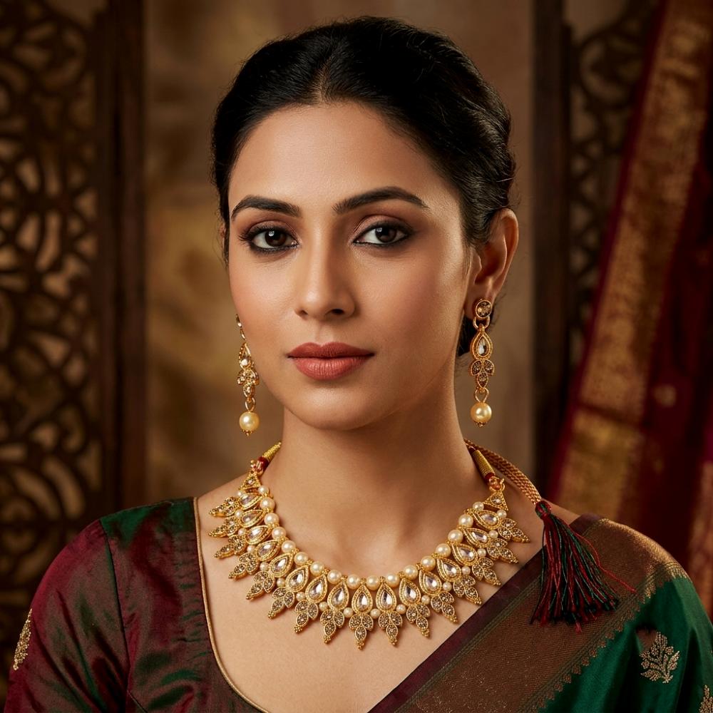 Darshana Jewels Fashion Austrian Stone Pota Stone Pearl Necklace Set for Women