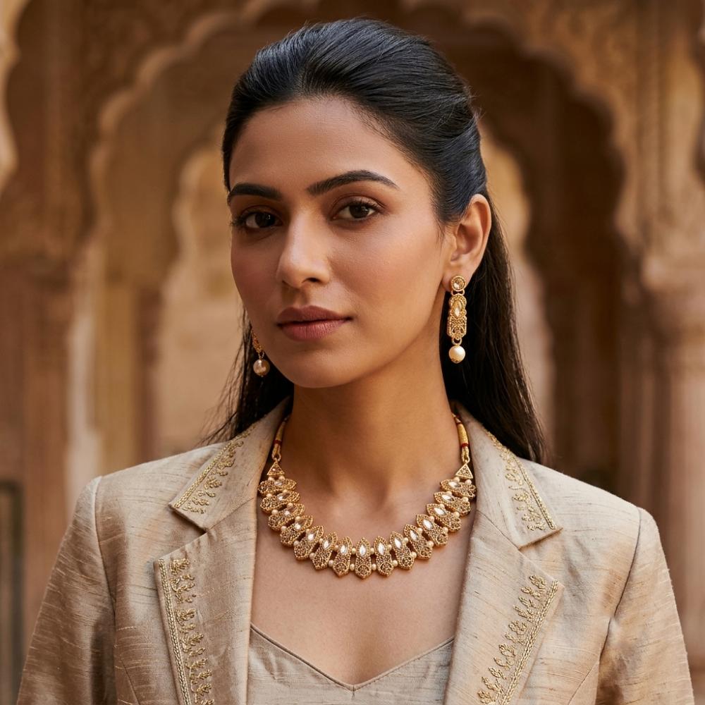 Darshana Jewels Traditional Pota Stone Austrian Stone & Pearl Necklace Set for Women