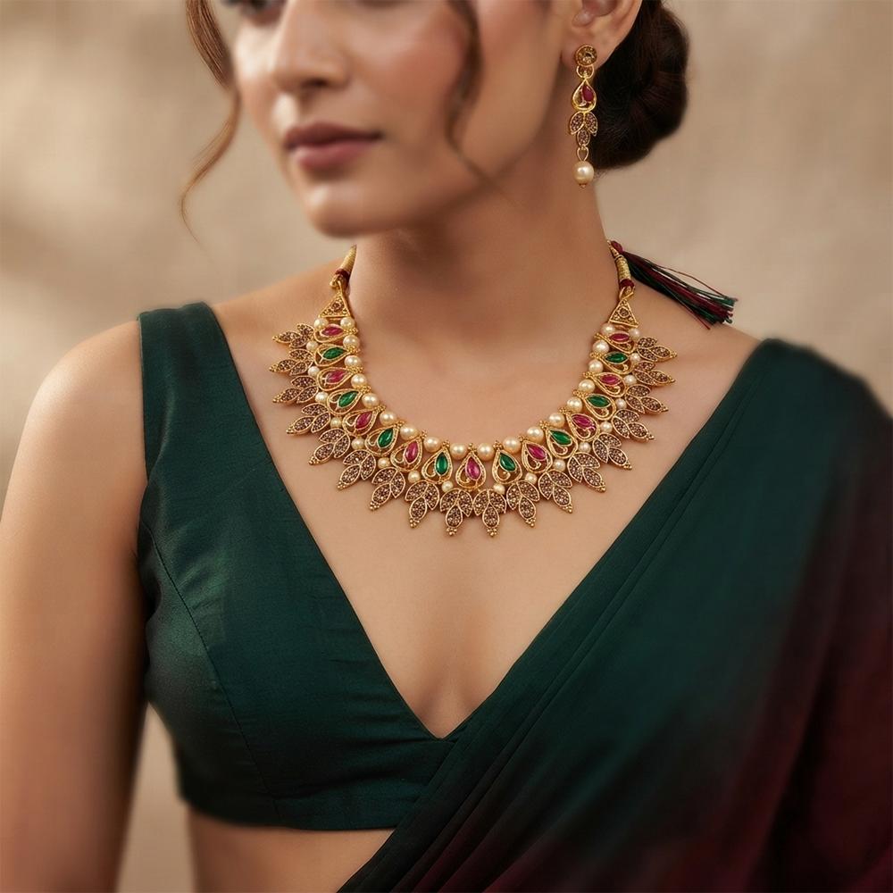 Darshana Jewels Traditional Pota Stone Austrian Stone & Pearl Necklace Set for Women