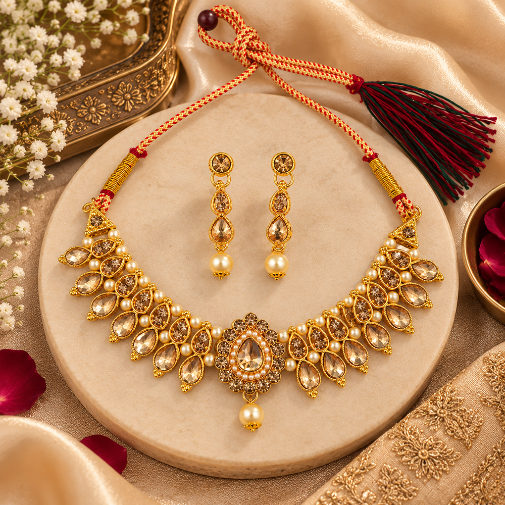 Urthn Gold Plated Pearl & Crystal Necklace Set for Women Traditional Jewellery