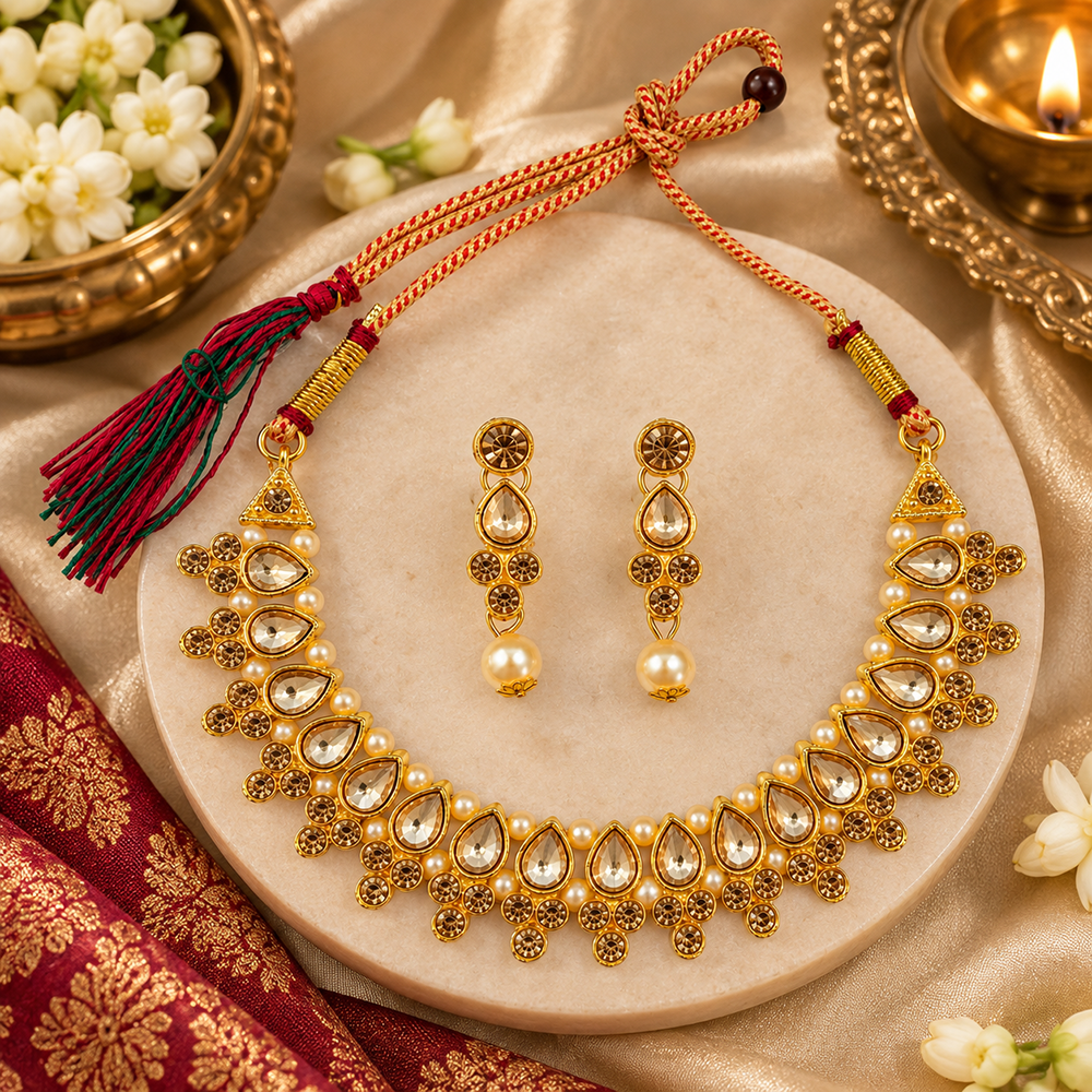 Urthn Gold Plated Pearl & Crystal Necklace Set for Women Traditional Jewellery (Pack of 6)