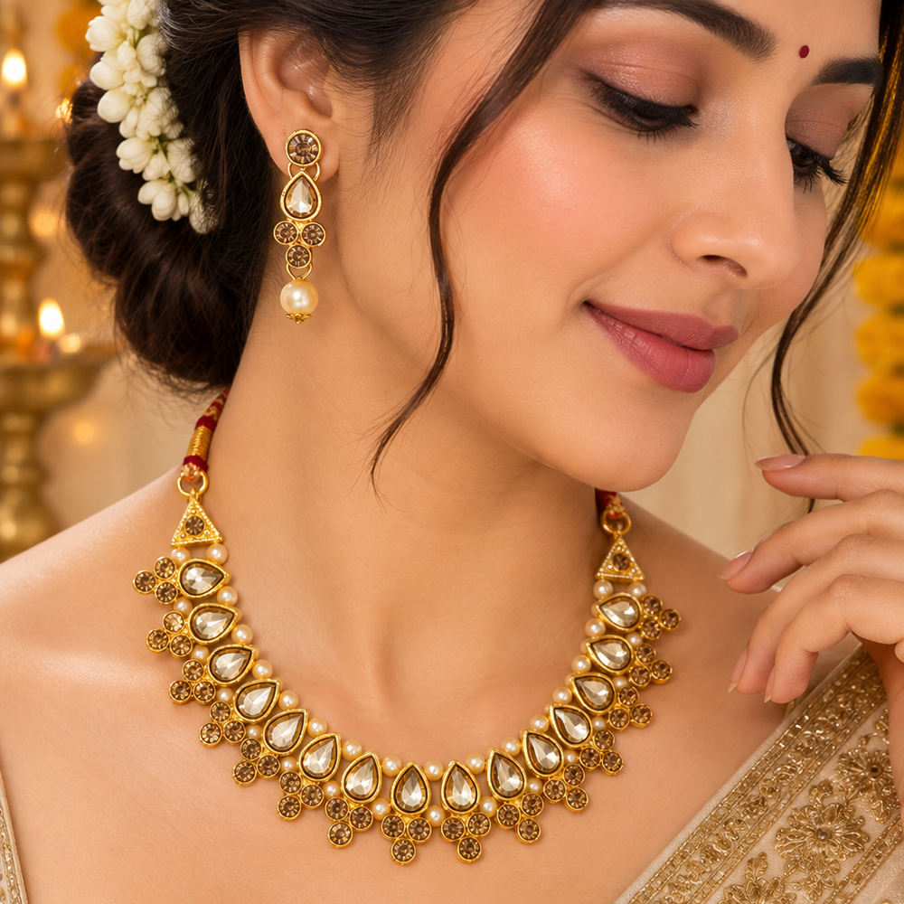 Urthn Gold Plated Pearl & Crystal Necklace Set for Women Traditional Jewellery