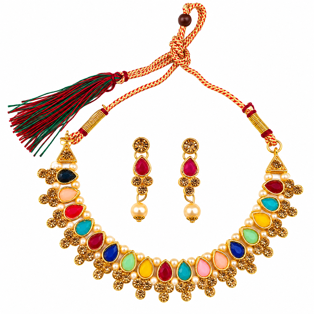 Urthn Gold Plated Pearl & Crystal Necklace Set for Women Traditional Jewellery (Pack of 6)