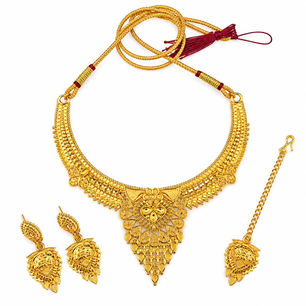 Urthn Traditional Gold Plated Necklace Set with Maangtikka | Elegant Ethnic Jewellery for Women(Pack Of 3 )