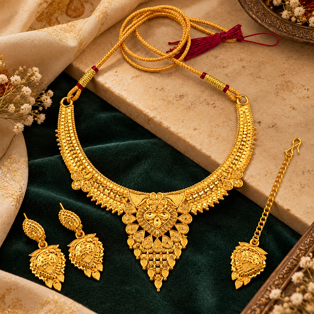 Urthn Traditional Gold Plated Necklace Set with Maangtikka | Elegant Ethnic Jewellery for Women