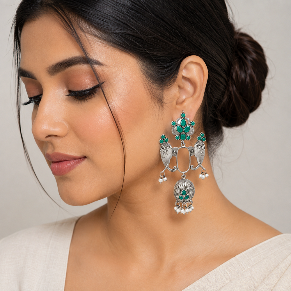 Urthn Oxidised Silver Designer Elephant Motif Jhumka Earrings with Green Stones & Pearl Drops