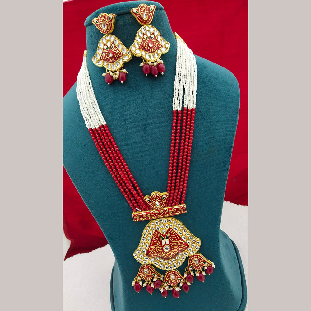 FS Collection Gold Plated Kundan Stone Long Necklace Set