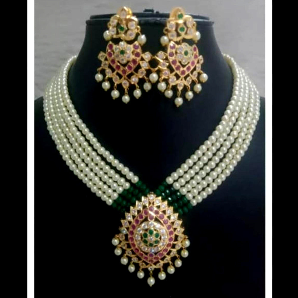 FS Collection Gold Plated Pota And Pearl Long Necklace Set