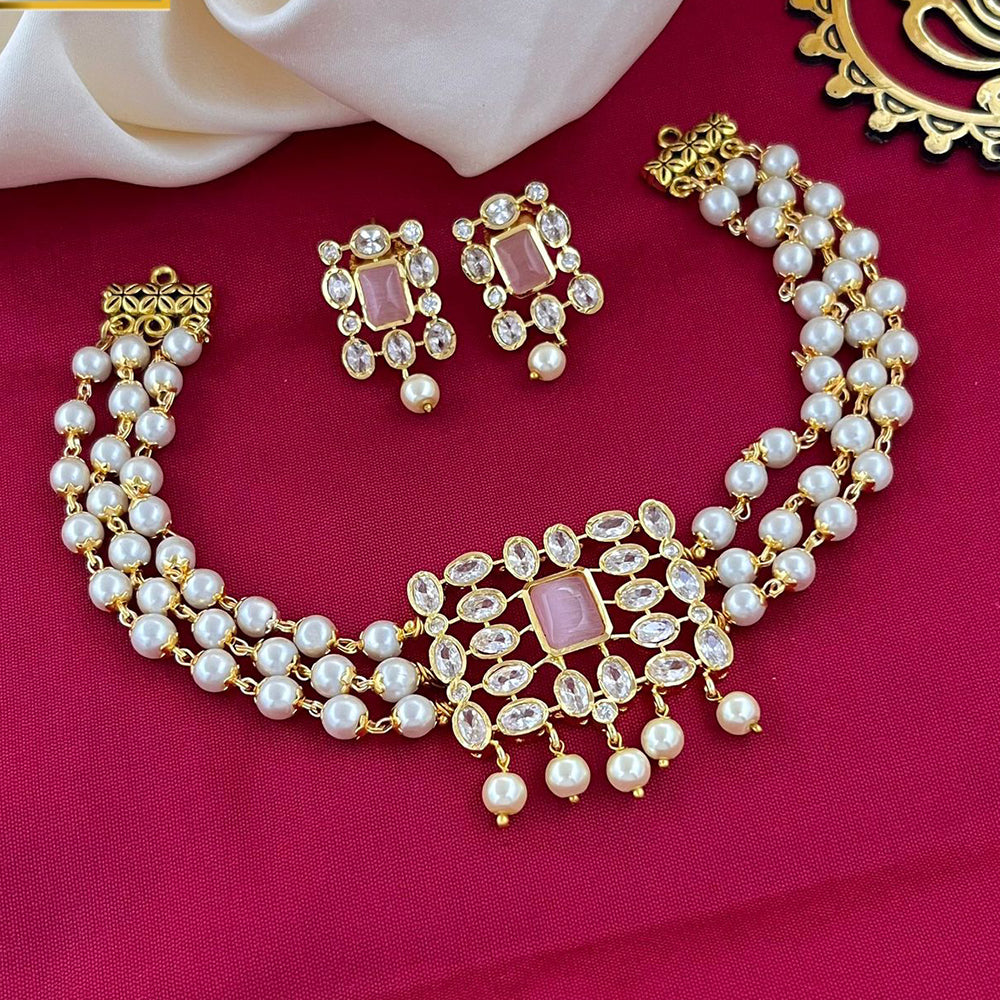 FS Collection Gold Plated Crystal Stone And Pearl Choker Necklace Set