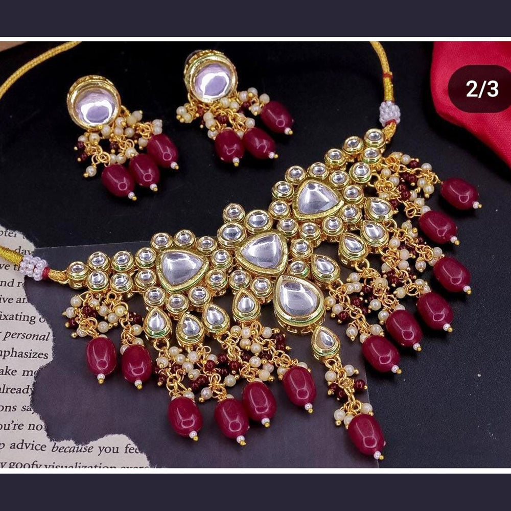 FS Collection Gold Plated Kundan Pearl And Beads Necklace Set
