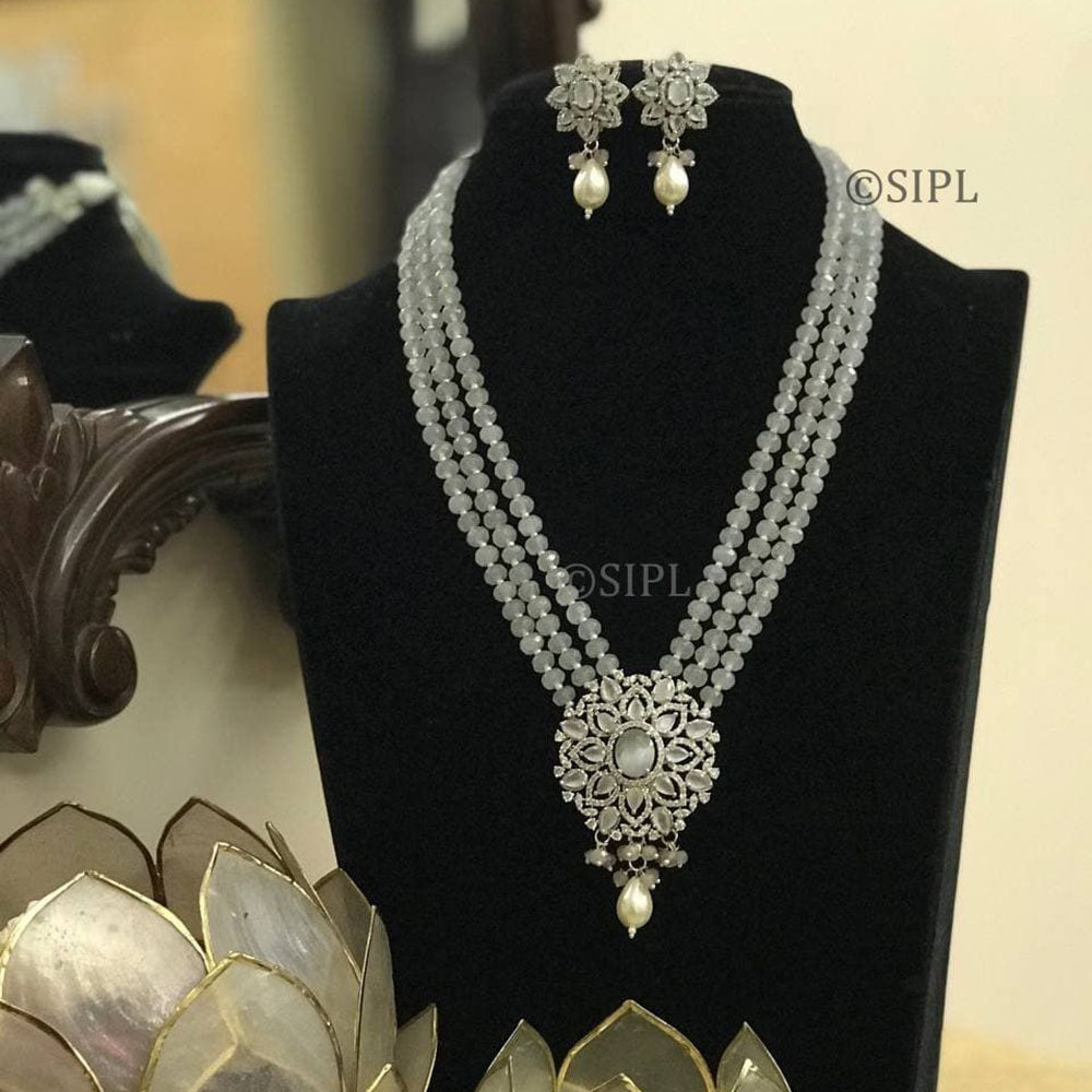 FS Collection Silver Plated AD And Pearl Necklace Set