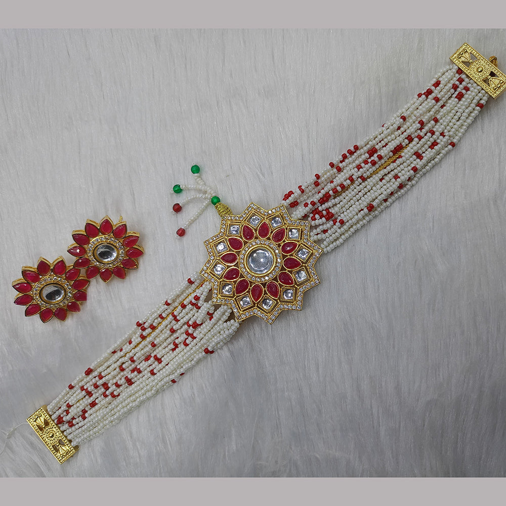 FS Collection Gold Plated Kundan Stone And Pearl Choker Necklace Set