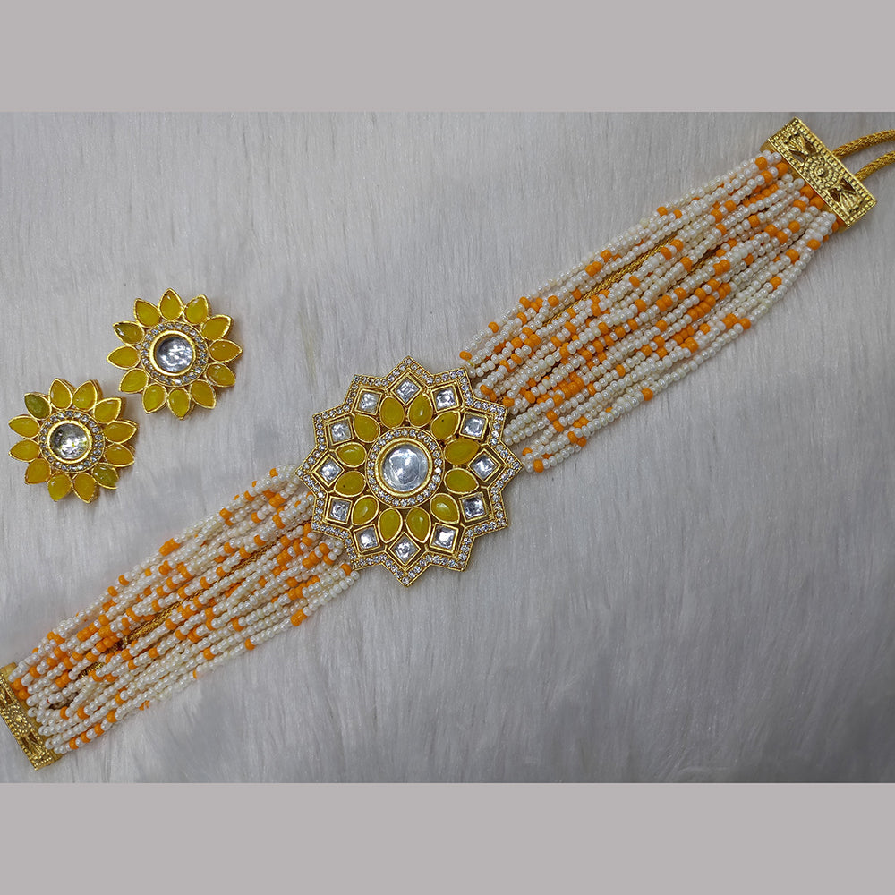 FS Collection Gold Plated Kundan Stone And Pearl Choker Necklace Set