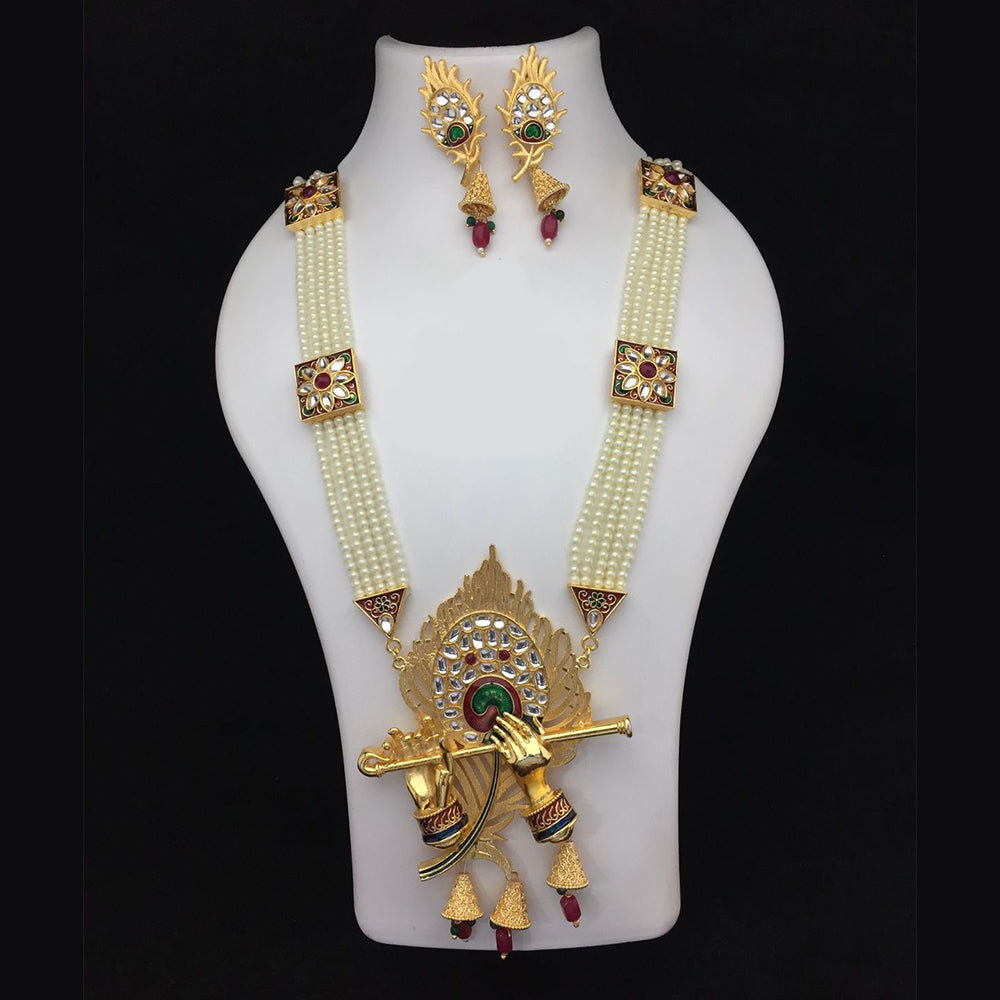 Fs Collection Gold Plated Meenakari And Pearls Long Necklace Set