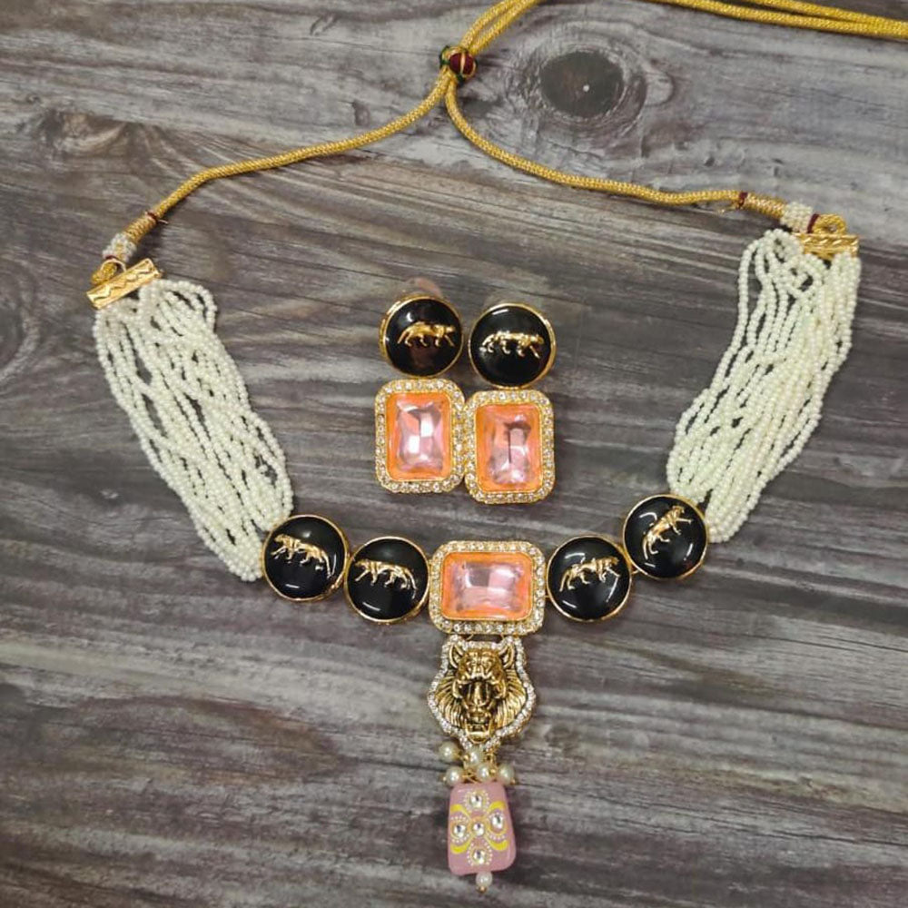 FS Collection Gold Plated Crystal Stone And Pearl Choker Necklace Set