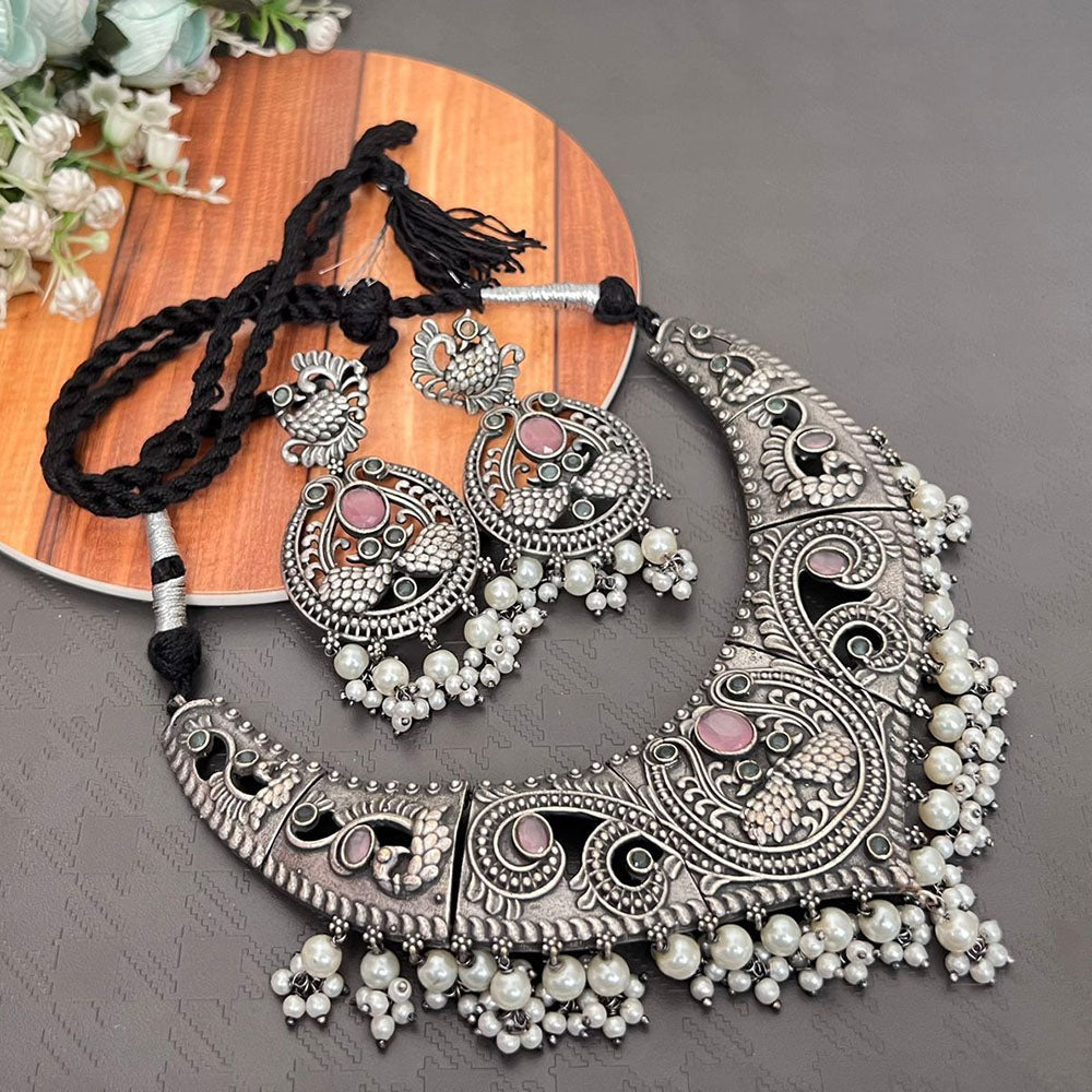 FS Collection Oxidised Plated Pota Stone And Pearl Necklace Set