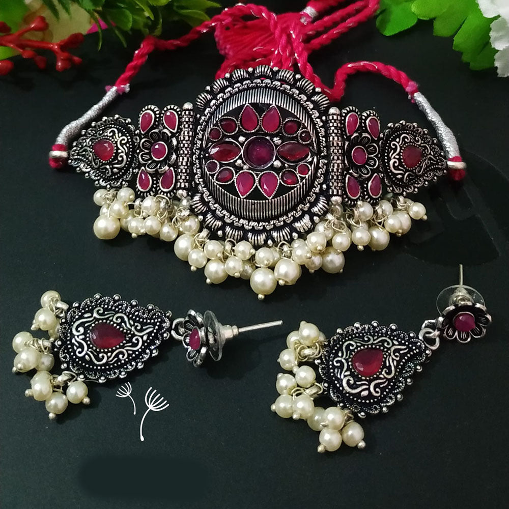 FS Collection Oxidised Plated Pota Stone And Pearl Choker Necklace Set