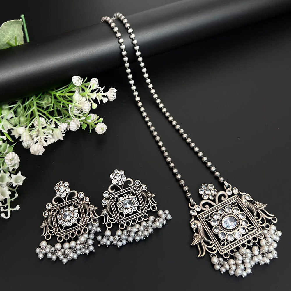 FS Collection Oxidised Plated Pota Stone And Pearl Necklace Set
