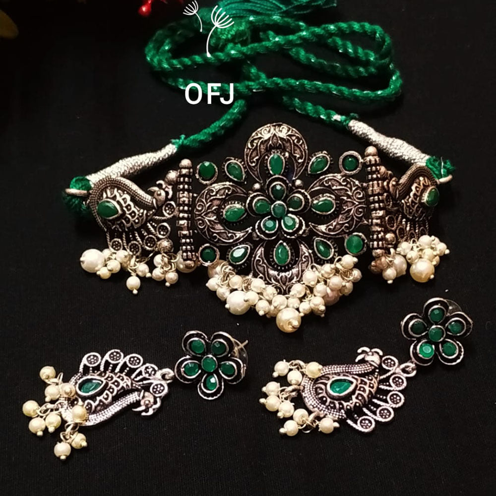FS Collection Oxidised Plated Pota Stone And Pearl Choker Necklace Set