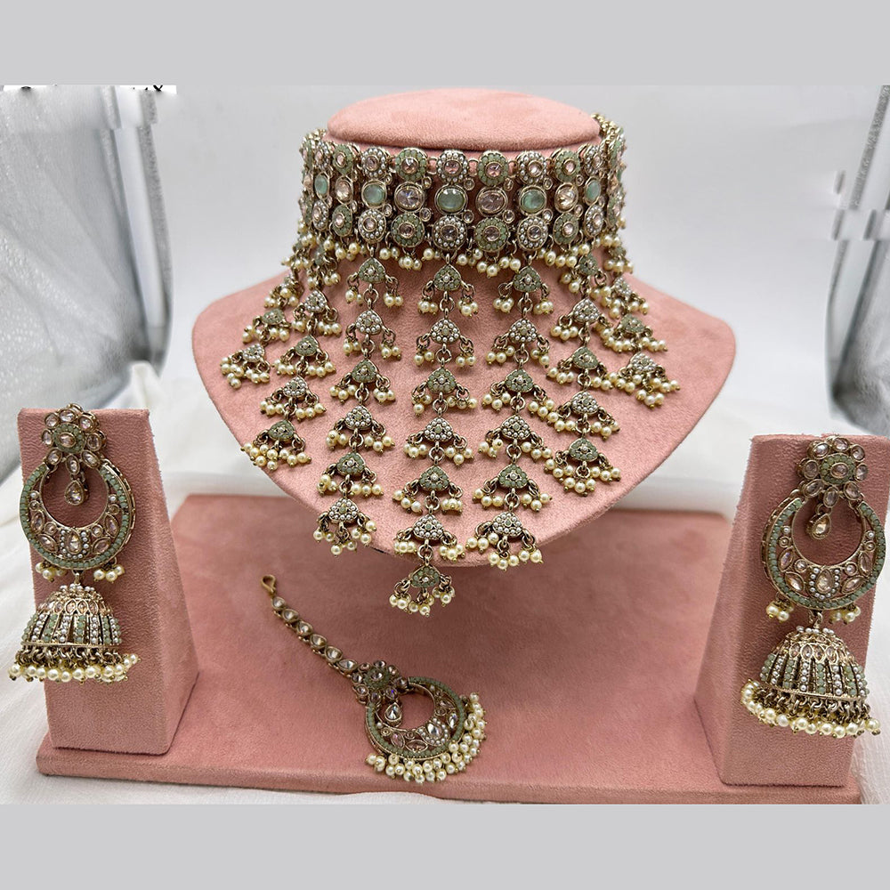 FS Collection Antique Gold Plated Austrian Stone and Pearl Choker Necklace Set