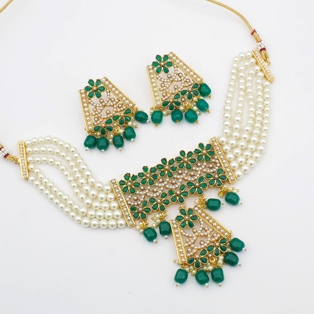 FS Collection Gold Plated Crystal Stone And Pearl Choker Necklace Set