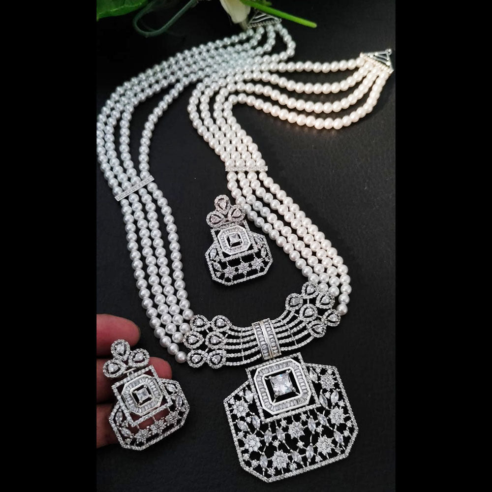 FS Collection Silver Plated AD And Pearls Long Necklace Set
